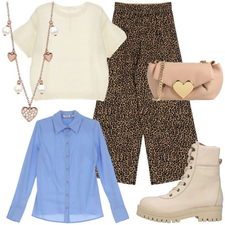 Outfit donna - Animalier chic. Stile Casual chic per Tutti i giorni. Abbinamento con anfibi, borse a tracolla, camicie, collane, pantaloni, pullovers.