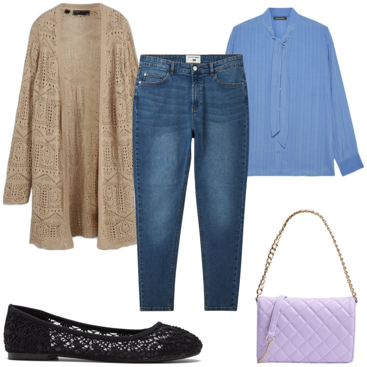 Outfit donna - Total look #2043741. Stile Trendy per Tutti i giorni. Abbinamento con cardigans, ballerine, jeans skinny, borse a tracolla, camicie.
