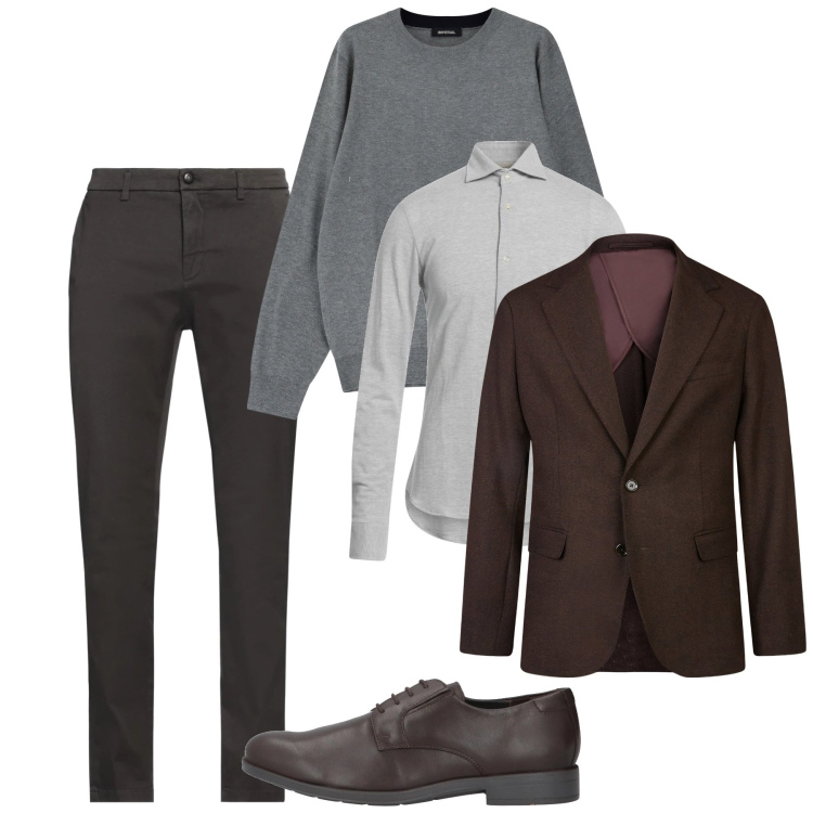 Outfit uomo - Classic layering. Stile Casual per Tutti i giorni. Abbinamento con camicie, pantaloni chino, scarpe stringate, maglieria, giacche.