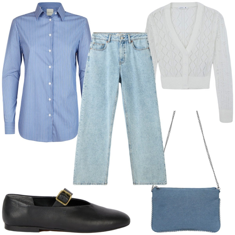 Outfit donna - Total look #2043749. Stile Trendy per Tutti i giorni. Abbinamento con cardigans, borse a tracolla, jeans, camicie, ballerine.