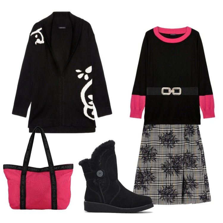 Outfit donna - Moderna in fucsia. Stile Casual chic per Tutti i giorni. Abbinamento con stivali, borse a mano, cinture, gonne, maglieria, cardigans.