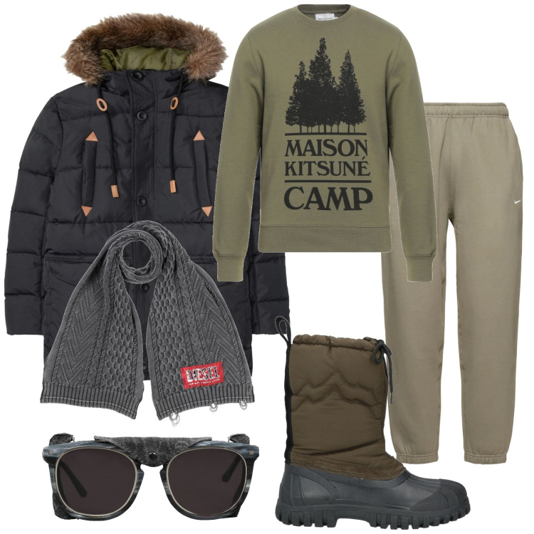 Outfit uomo - Alpi. Stile Casual per Tutti i giorni. Abbinamento con giacche, felpe, stivali da neve, occhiali da sole, sciarpe, pantaloni.