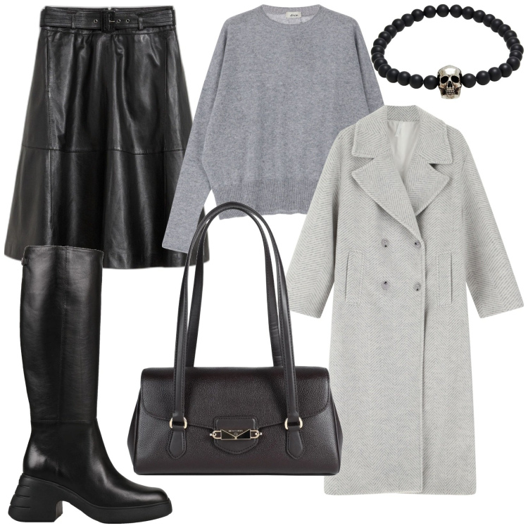 Outfit donna - Una gonna per gennaio. Stile Rock per Serata fuori. Abbinamento con gonne, borse a mano, stivali, braccialetti, cappotti, pullovers.