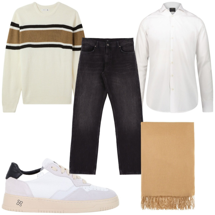 Outfit uomo - Total look #2043767. Stile Casual per Tutti i giorni. Abbinamento con maglieria, sneakers, jeans dritti, sciarpe, camicie.