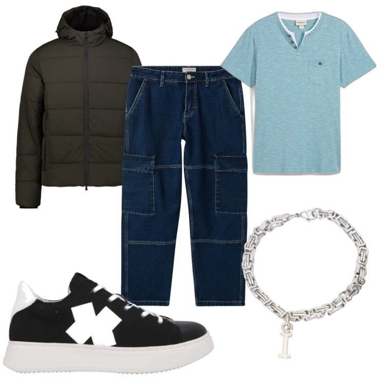 Outfit uomo - Total look #2043799. Stile Urban per Tutti i giorni. Abbinamento con t-shirt, sneakers, jeans, braccialetti, piumini.