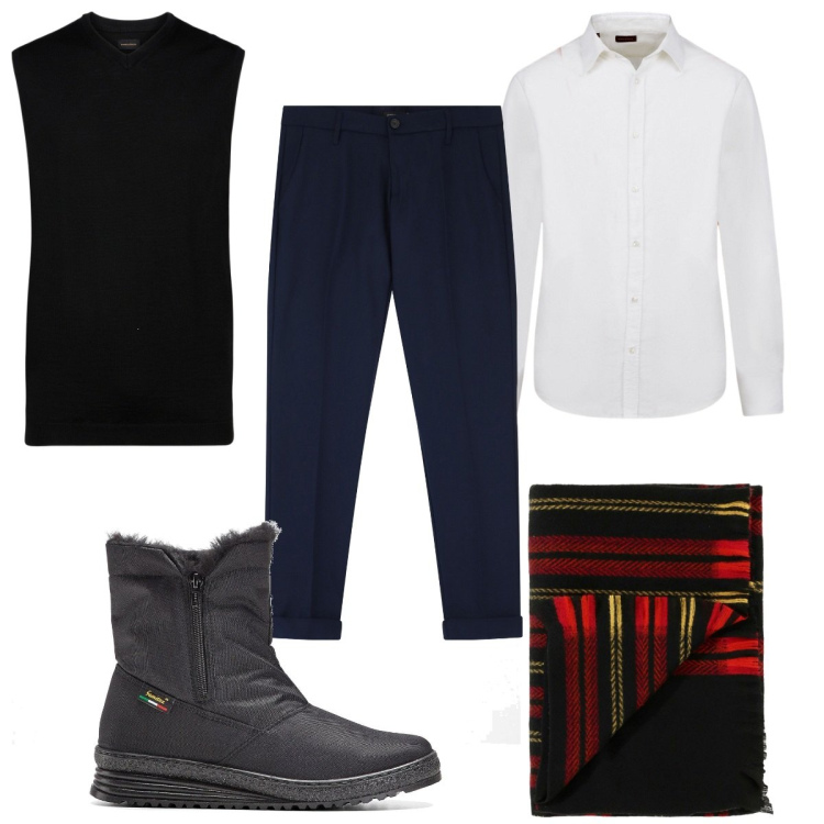Outfit uomo - Total look #2043800. Stile Casual per Tutti i giorni. Abbinamento con stivali e stivaletti, pantaloni chino, sciarpe, gilet, camicie.