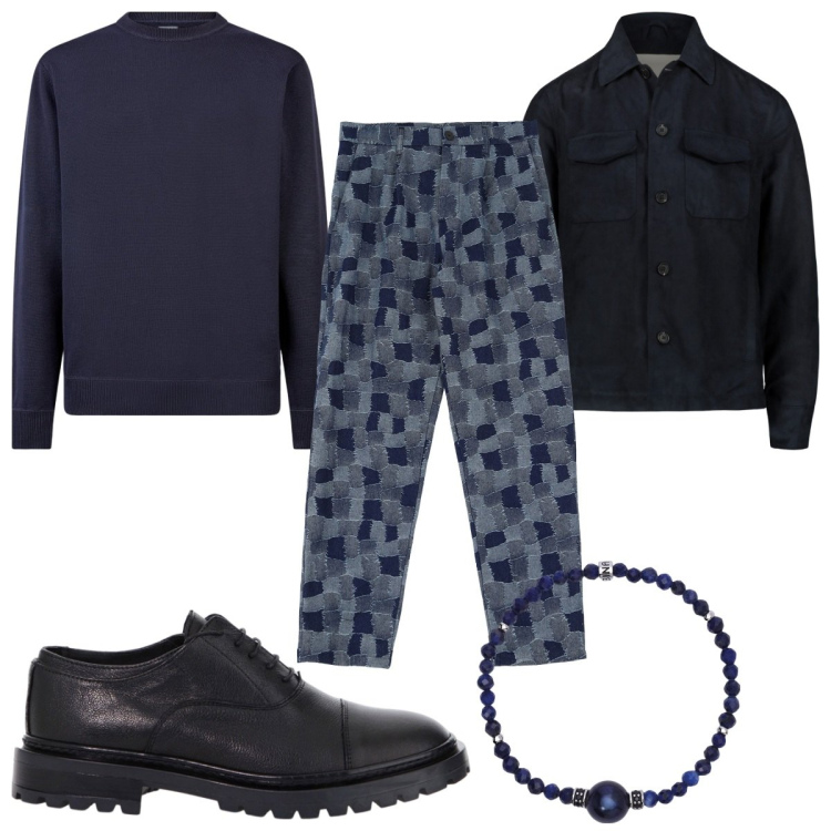 Outfit uomo - Total look #2043803. Stile Trendy per Tutti i giorni. Abbinamento con braccialetti, pantaloni cargo, scarpe stringate, maglieria, giacche.