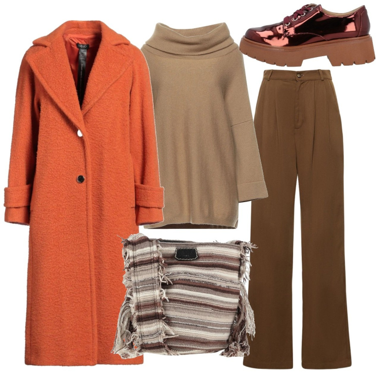 Outfit donna - Il cappottone arancio. Stile Bon Ton per Tutti i giorni. Abbinamento con scarpe stringate, cappotti, borse a tracolla, maglieria, pantaloni.