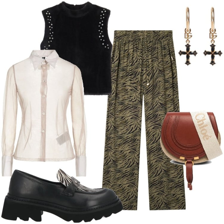 Outfit donna - Fuori a cena. Stile Glamour per Serata fuori. Abbinamento con camicie, mocassini, top, pantaloni, orecchini, borse a spalla.