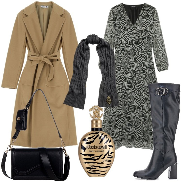 Outfit donna - Cappotti avvolgenti e maxi sciarpe. Stile Chic per Serata fuori. Abbinamento con profumi, cappotti, sciarpe, pochette, vestiti lunghi, stivali.