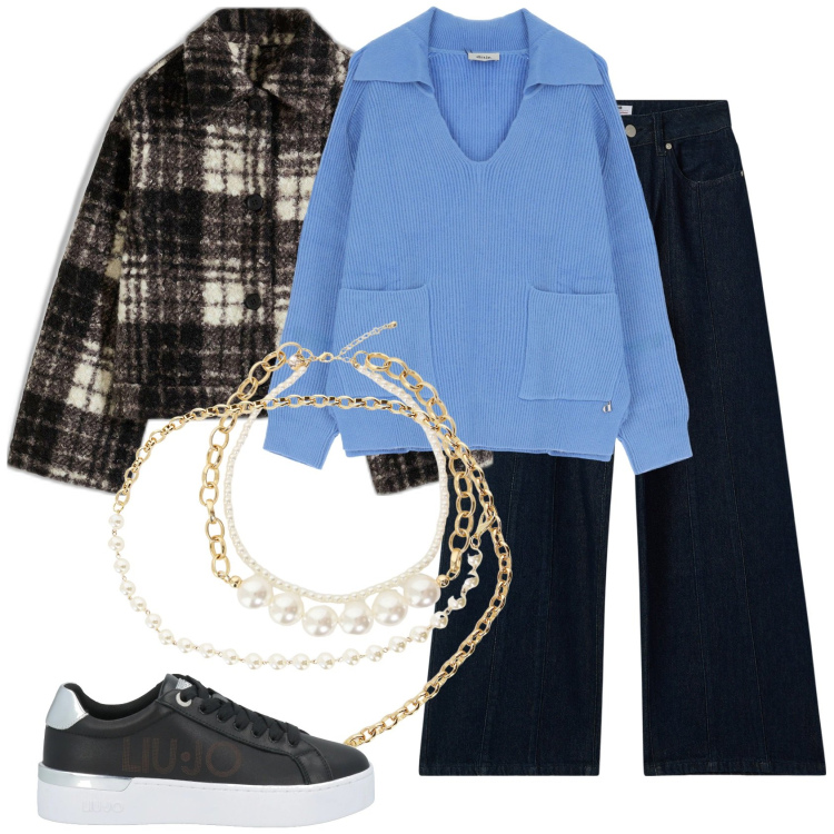 Outfit donna - Doppio giro di perle. Stile Casual chic per Tutti i giorni. Abbinamento con blazer, sneakers, jeans, collane, collane, maglieria.