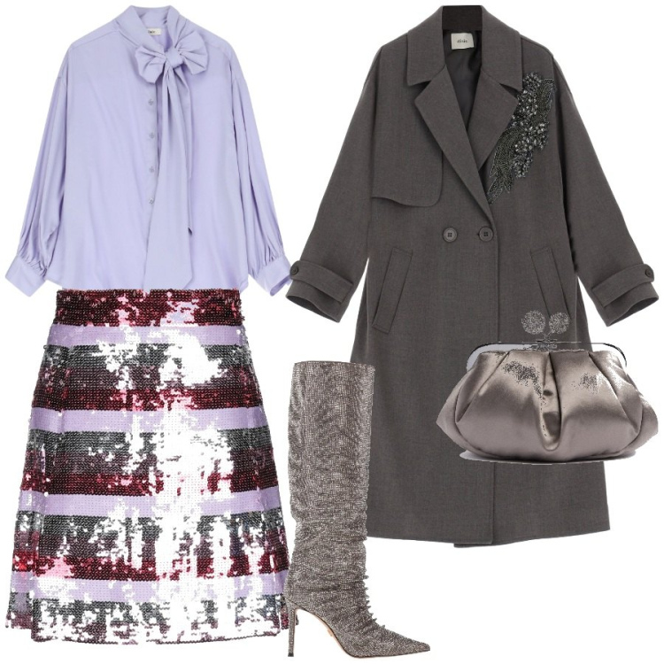 Outfit donna - Fuori con le amiche. Stile Glamour per Serata fuori. Abbinamento con stivali, minigonne, cappotti, camicie, pochette.
