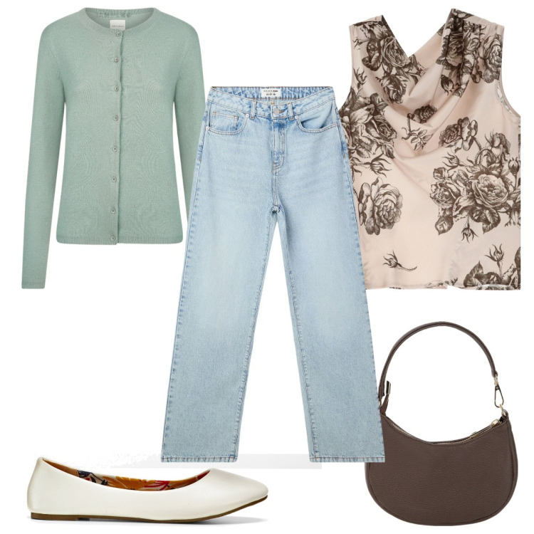 Outfit donna - Total look #2043831. Stile Trendy per Tutti i giorni. Abbinamento con ballerine, jeans dritti, top, borse a spalla, cardigans.
