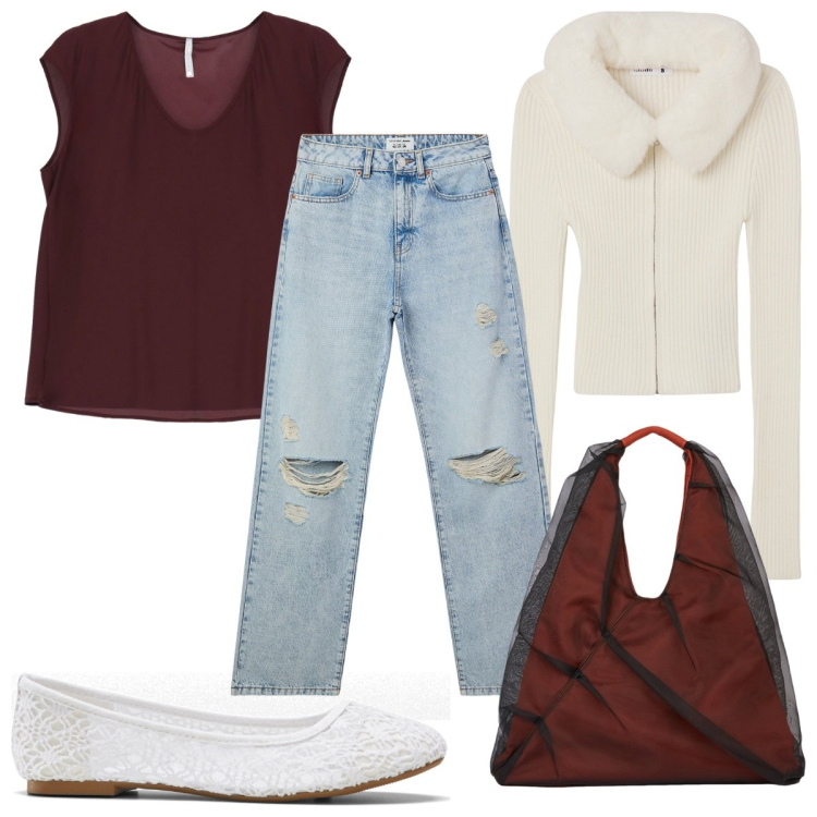 Outfit donna - Total look #2043836. Stile Trendy per Tutti i giorni. Abbinamento con ballerine, jeans strappati, cardigans, top, shopping bag.