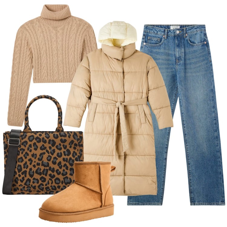 Outfit donna - I saldi di Terranova inverno 2025. Stile Basic per Tutti i giorni. Abbinamento con shopping bag, jeans dritti, stivali, maglieria, blazer.