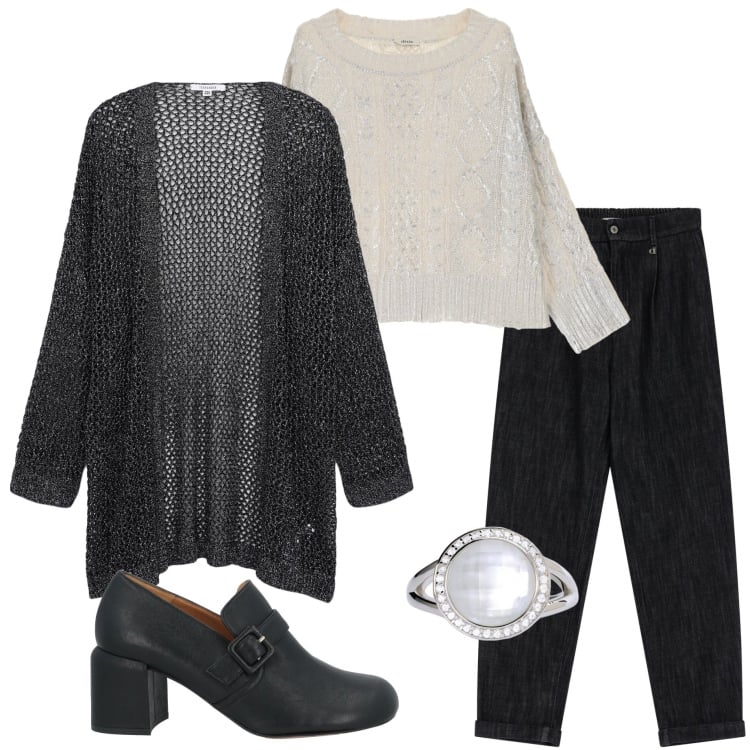 Outfit donna - In ufficio. Stile Minimal per Ufficio. Abbinamento con mocassini, anelli, kimono, maglieria, pantaloni chino.