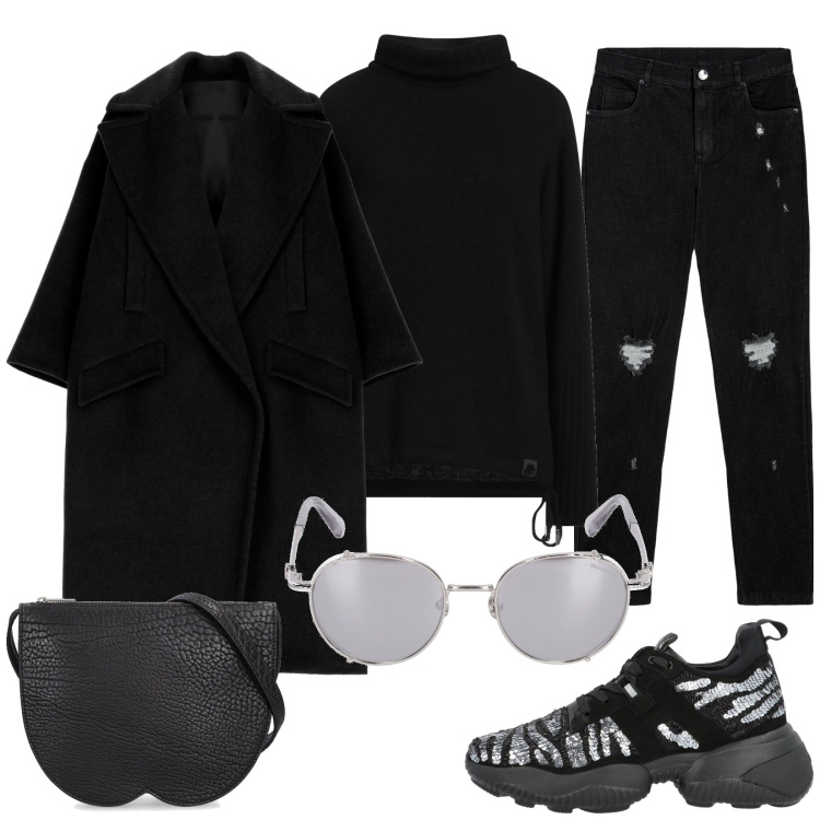 Outfit donna - Nero base. Stile Trendy per Tutti i giorni. Abbinamento con maglieria, sneakers, cappotti, jeans skinny, occhiali da sole, borse a spalla.