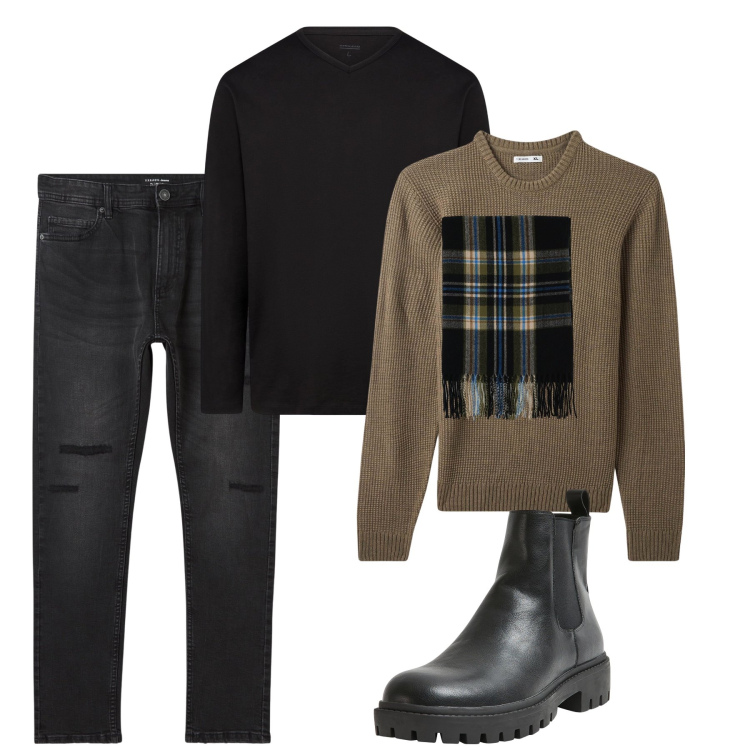 Outfit uomo - In città. Stile Trendy per Tutti i giorni. Abbinamento con jeans strappati, maglieria, stivali e stivaletti, sciarpe, t-shirt.