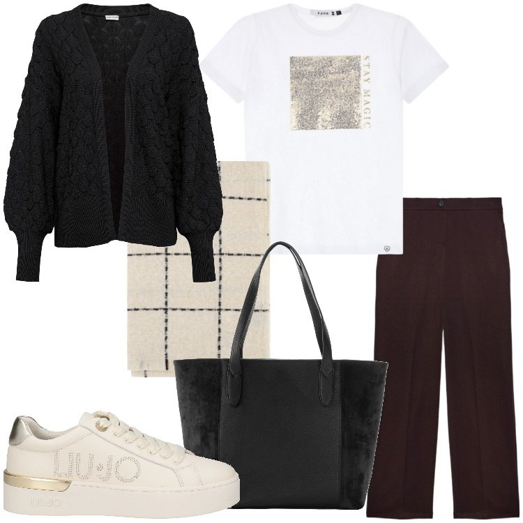 Outfit donna - Basic. Stile Basic per Tutti i giorni. Abbinamento con shopping bag, cardigans, sneakers, sciarpe, t-shirt, pantaloni.