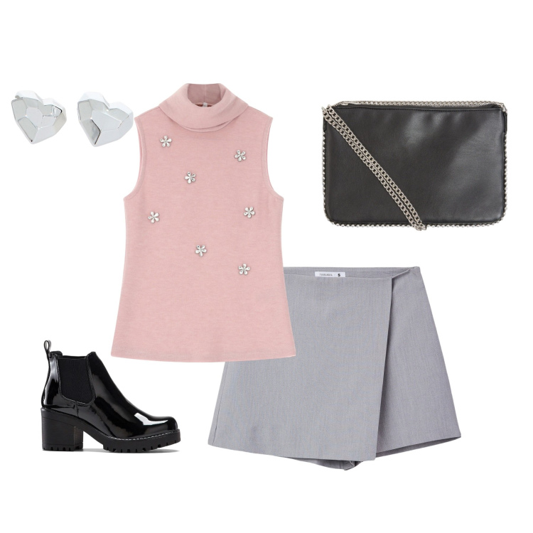 Outfit donna - Rosa e grigio. Stile Glamour per Serata fuori. Abbinamento con stivaletti, borse a tracolla, minigonne, maglieria, orecchini.