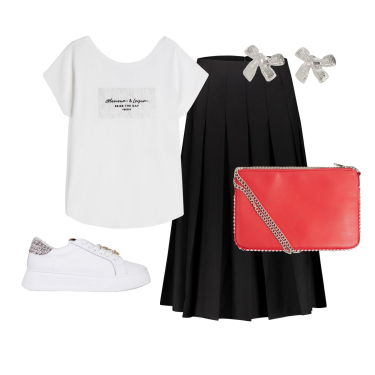 Outfit donna - Gonna nera. Stile Casual chic per Tutti i giorni. Abbinamento con borse a tracolla, sneakers, orecchini, t-shirt, gonne longuette.