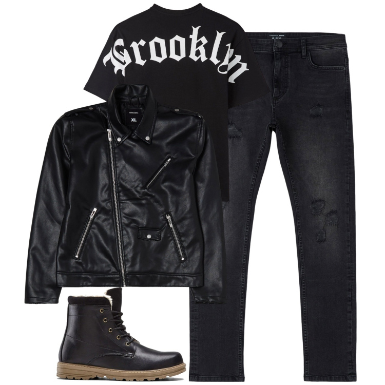 Outfit uomo - City. Stile Biker Rock per Serata speciale. Abbinamento con stivali e stivaletti, jeans strappati, t-shirt, giacche.