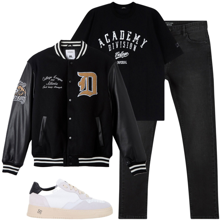 Outfit uomo - Stile college. Stile Casual per Tutti i giorni. Abbinamento con jeans skinny, bomber, sneakers, t-shirt.