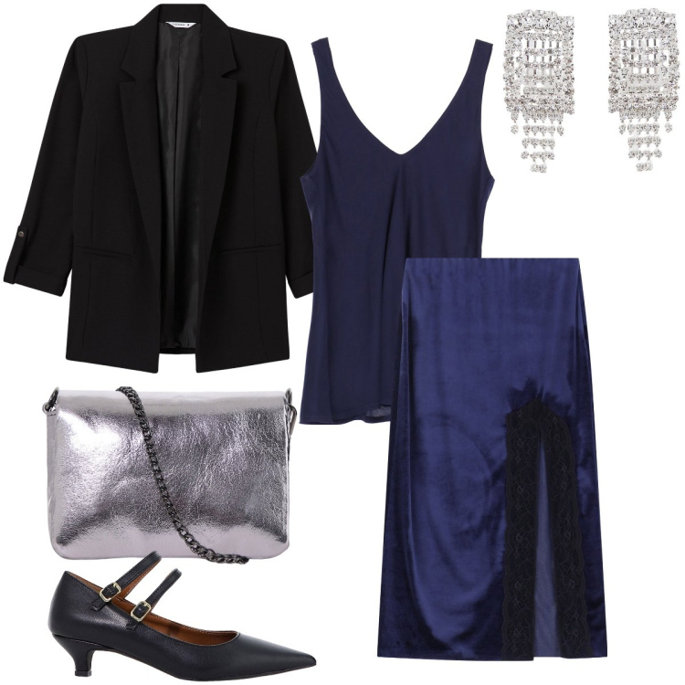 Outfit donna - Blu effetto velluto. Stile Vintage retrò per Serata fuori. Abbinamento con blazer, décolleté, gonne longuette, orecchini, top, pochette.