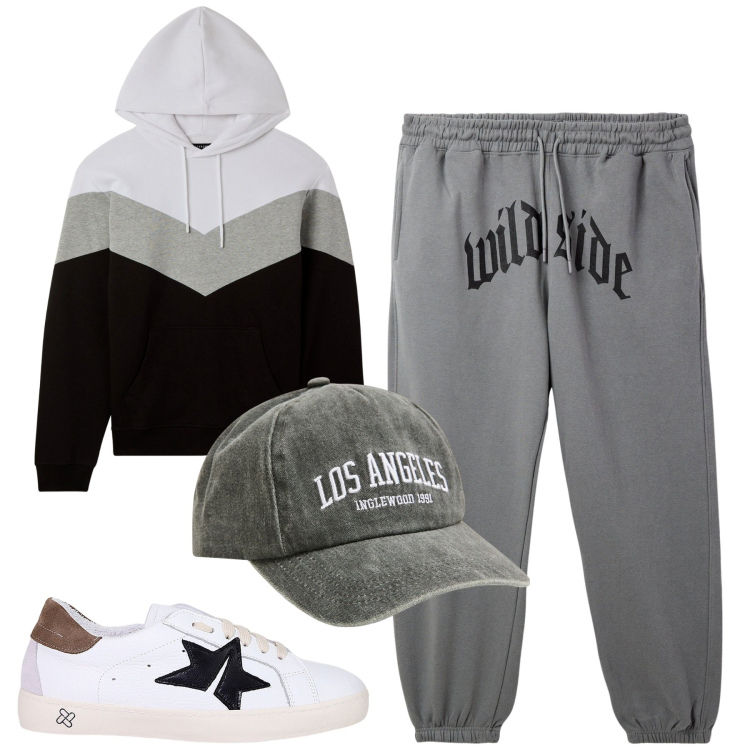 Outfit uomo - Total look #2043884. Stile Casual per Tutti i giorni. Abbinamento con cappelli, pantaloni, felpe con cappuccio, sneakers.