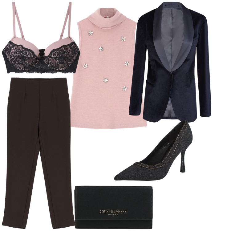 Outfit donna - Simply chic bonton glamour. Stile Glamour per Serata fuori. Abbinamento con borse a mano, reggiseni push-up, décolleté, maglieria, pantaloni, blazer.