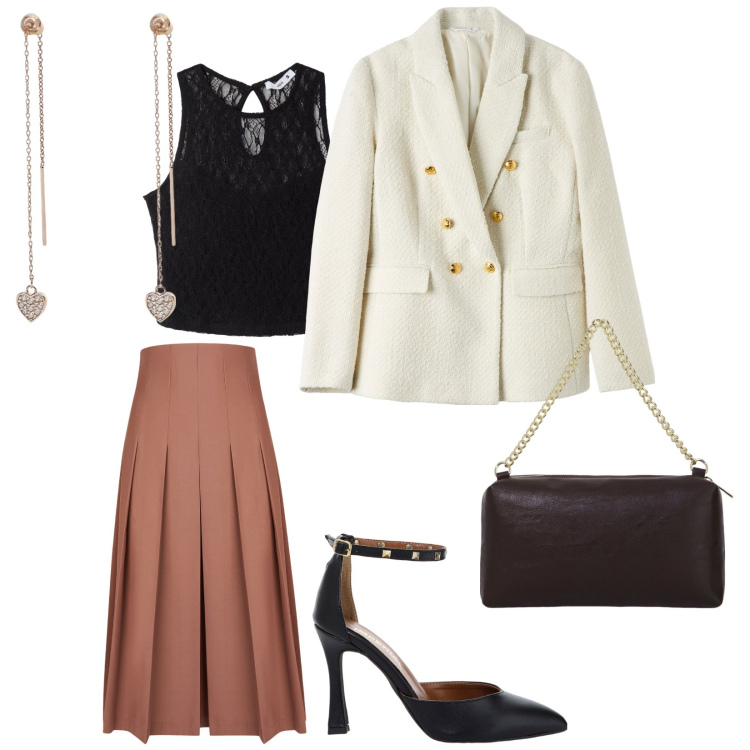Outfit donna - Dal lavoro a cena fuori. per Tutti i giorni. Abbinamento con top, blazer, orecchini, borse a tracolla, décolleté, gonne longuette.
