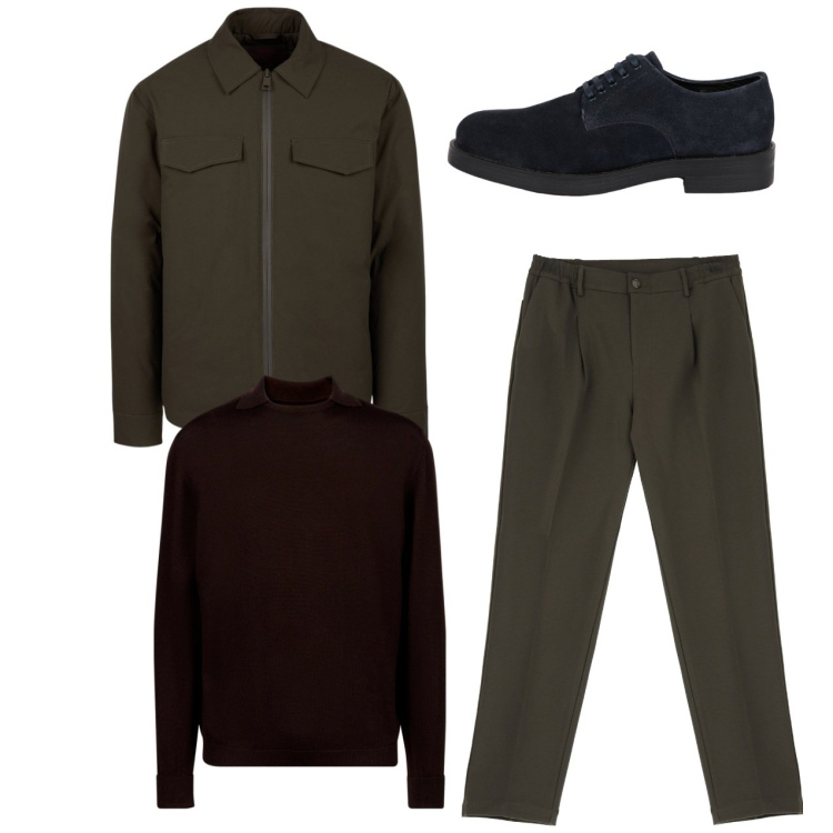 Outfit uomo - City. Stile Casual per Tutti i giorni. Abbinamento con pantaloni, piumini, scarpe stringate, maglieria.