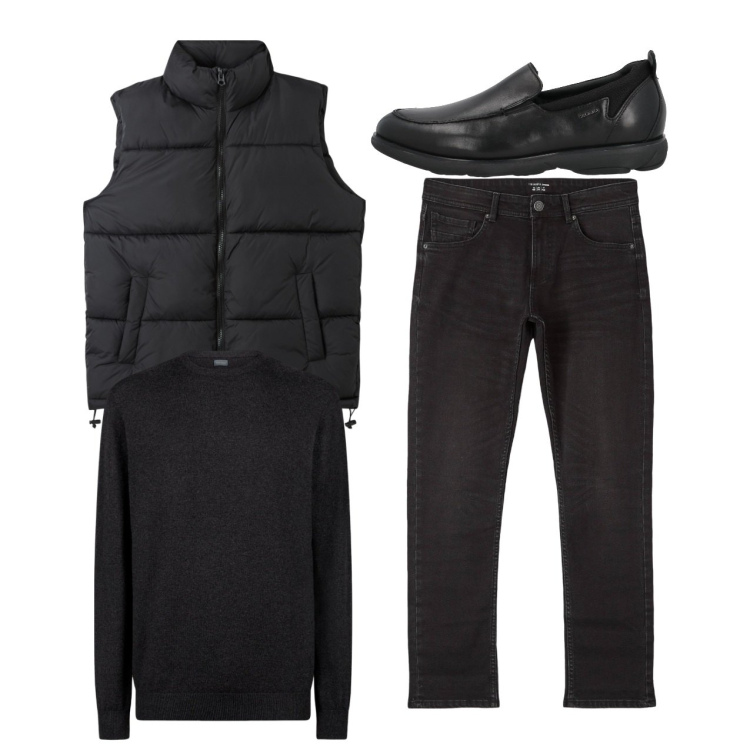 Outfit uomo - City. Stile Urban per Tutti i giorni. Abbinamento con scarpe stringate, jeans, piumini, maglieria.