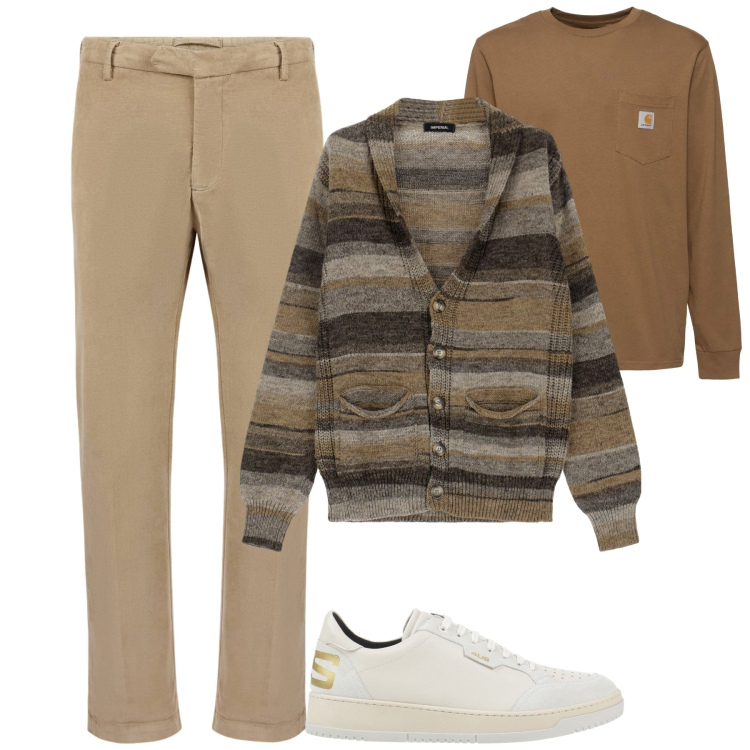 Outfit uomo - City. Stile Urban per Tutti i giorni. Abbinamento con sneakers, cardigans, pantaloni, t-shirt.