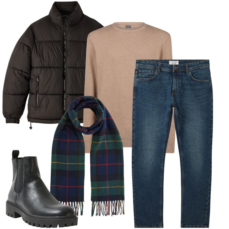 Outfit uomo - La sciarpa a quadri. Stile Casual per Ufficio. Abbinamento con jeans, stivali e stivaletti, piumini, maglieria, sciarpe.