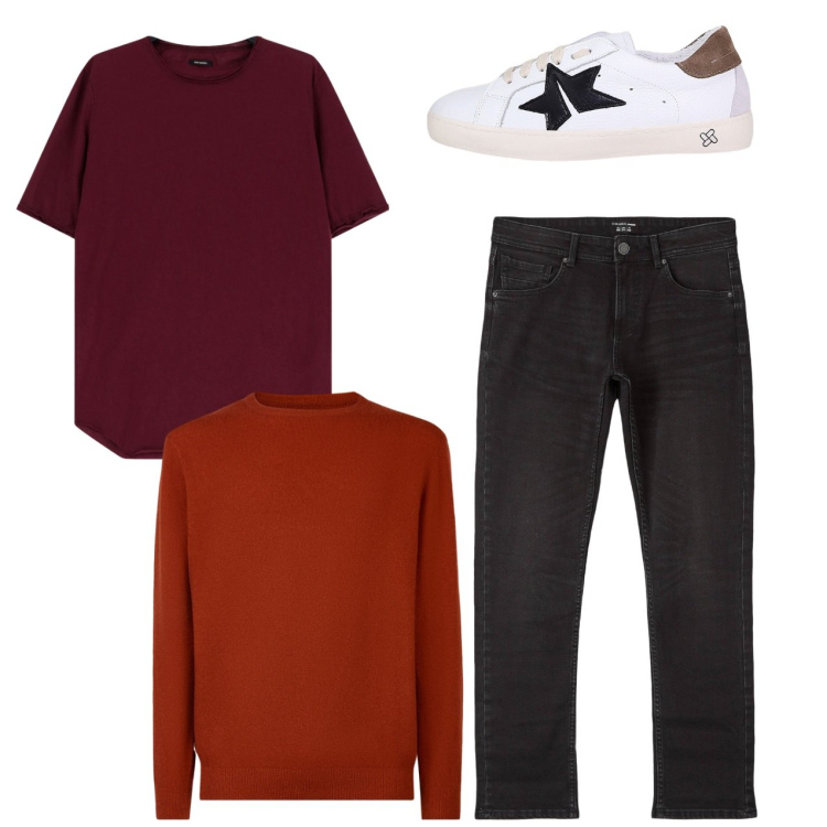 Outfit uomo - City. Stile Casual per Tutti i giorni. Abbinamento con jeans, t-shirt, sneakers, maglieria.