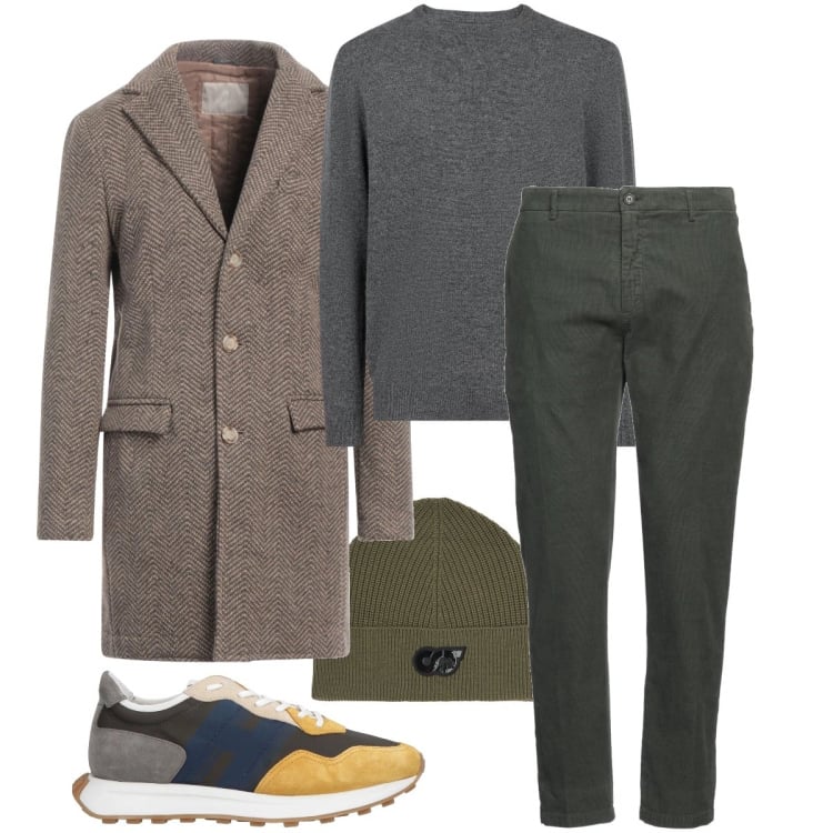 Outfit uomo - Cappotto e sneakers. Stile Trendy per Ufficio. Abbinamento con sneakers, cappotti, pantaloni, maglieria, berretti.