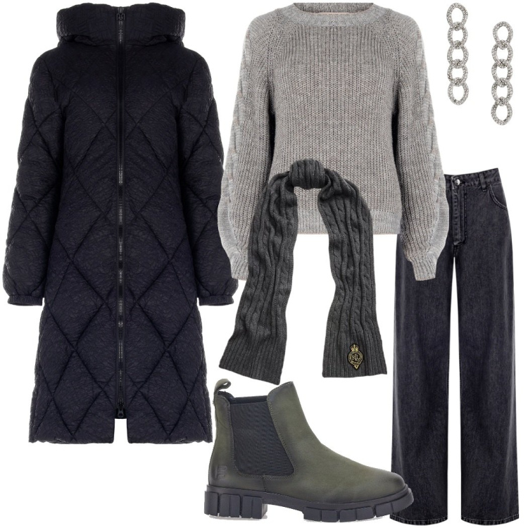 Outfit donna - Cappotto e sciarpa. Stile Casual per Tutti i giorni. Abbinamento con maglieria, piumini, jeans, orecchini, sciarpe, stivaletti chelsea.