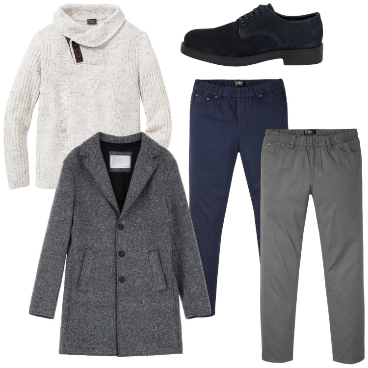 Outfit uomo - City. Stile Casual per Tutti i giorni. Abbinamento con maglieria, pantaloni, cappotti, scarpe stringate.