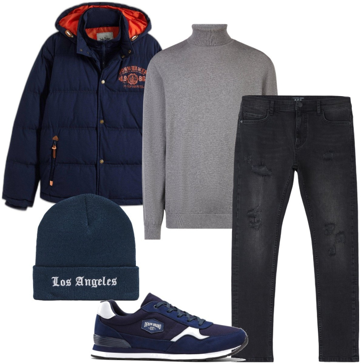 Outfit uomo - Il jeans nero. Stile Casual per Ufficio. Abbinamento con sneakers, piumini, jeans strappati, berretti, maglieria.
