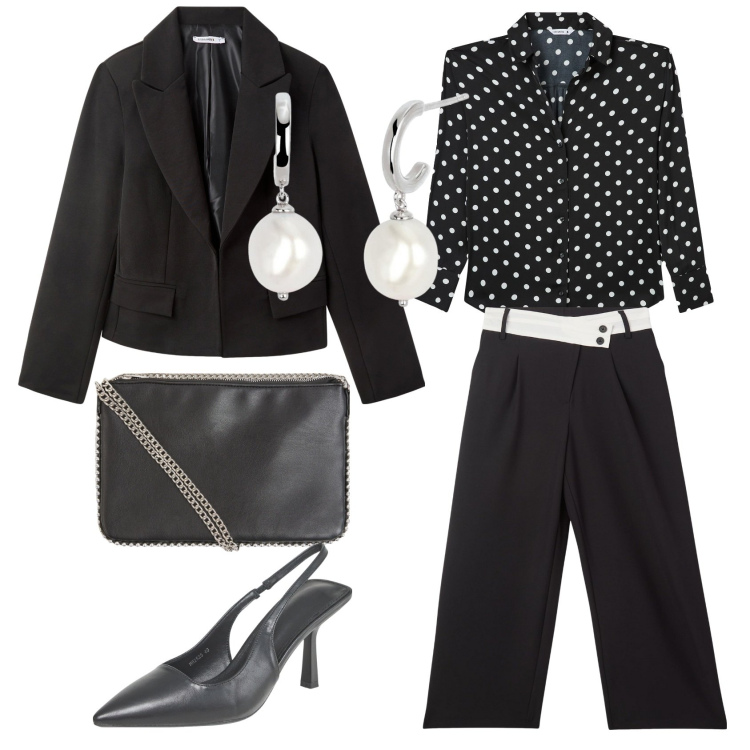 Outfit donna - Chic. Stile Chic per Ufficio. Abbinamento con pantaloni, borse a tracolla, camicie, blazer, décolleté, orecchini.