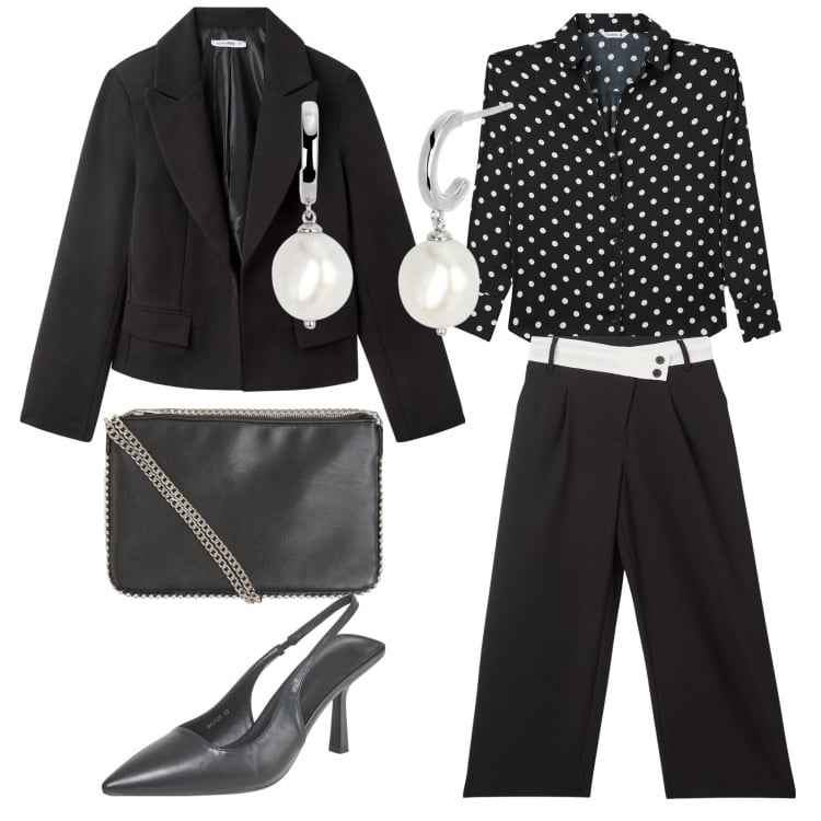 Outfit donna - Chic. Stile Chic per Ufficio. Abbinamento con camicie, blazer, pantaloni, décolleté, borse a tracolla, orecchini.