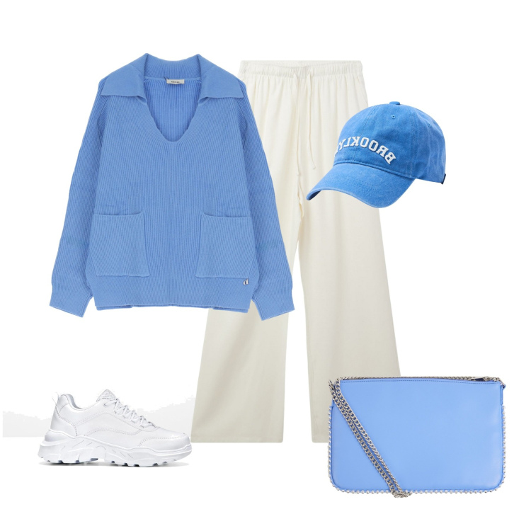 Outfit donna - In azzurro. Stile Casual per Tutti i giorni. Abbinamento con sneakers, cappelli, borse a tracolla, pantaloni, maglieria.