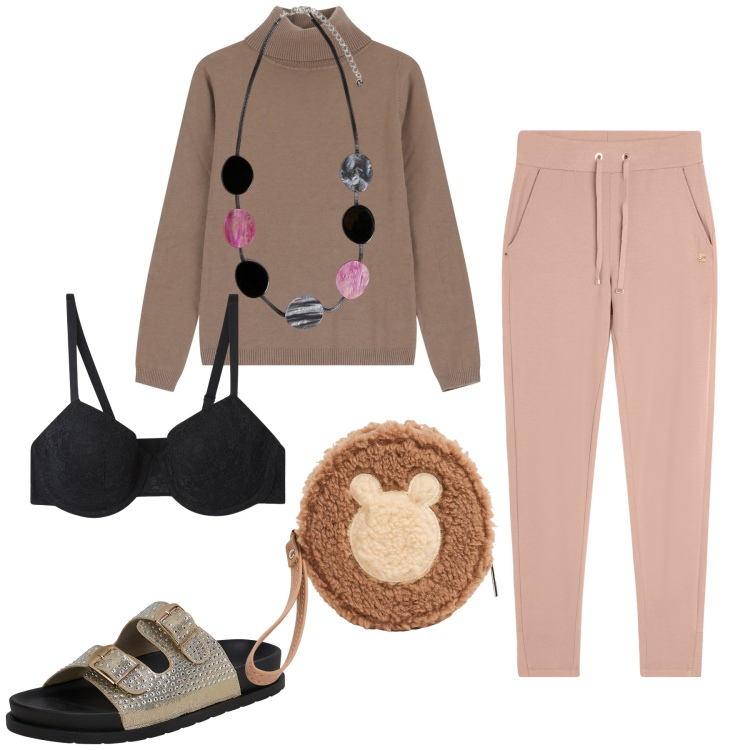 Outfit donna - Smartworking. Stile Basic per Tutti i giorni. Abbinamento con ciabatte, reggiseni, portafogli, maglieria, pantaloni, collane.