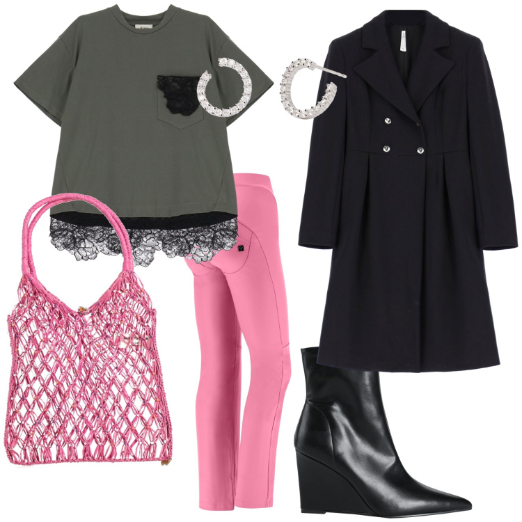 Outfit donna - Brindisi di compleanno. Stile Glamour per Serata fuori. Abbinamento con borse a mano, stivaletti, orecchini, cappotti, pantaloni, t-shirt.