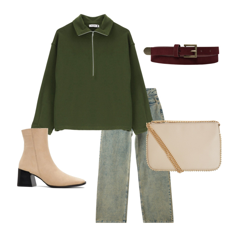Outfit donna - Maglione verde. Stile Casual chic per Tutti i giorni. Abbinamento con stivaletti, jeans, borse a tracolla, felpe, cinture.
