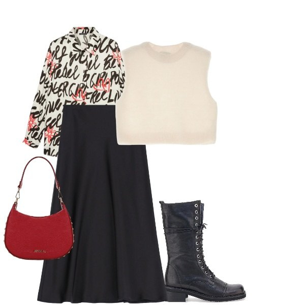 Outfit donna - cuore matto. Stile Casual per Tutti i giorni. Abbinamento con gonne longuette, borse a spalla, gilet, anfibi, camicie.