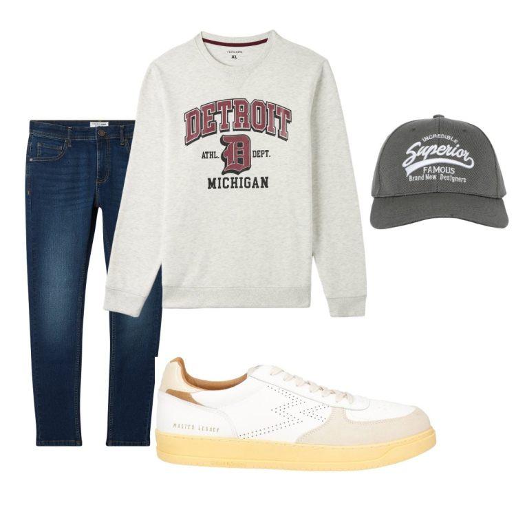 Outfit uomo - Total look #2044046. Stile Casual per Tutti i giorni. Abbinamento con sneakers, cappelli con visiera, felpe, jeans skinny.