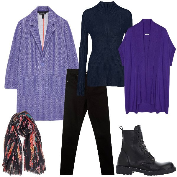 Outfit donna - Un tocco di viola. Stile Casual chic per Ufficio. Abbinamento con pantaloni skinny, stivaletti, maglieria, cardigans, foulard, cappotti.