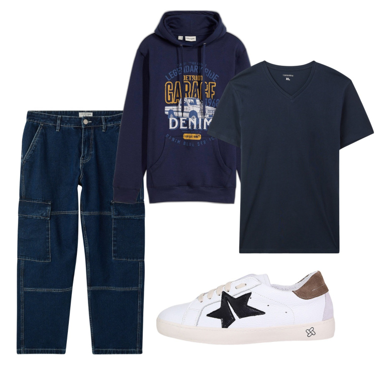 Outfit uomo - Total look. Stile Casual per Tutti i giorni. Abbinamento con felpe con cappuccio, jeans, t-shirt, sneakers.